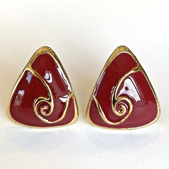 Vintage 1980’s Clip On Earrings Goldtone & Deep Red Enamel Geometric Mod Swirl - Picture 1 of 6